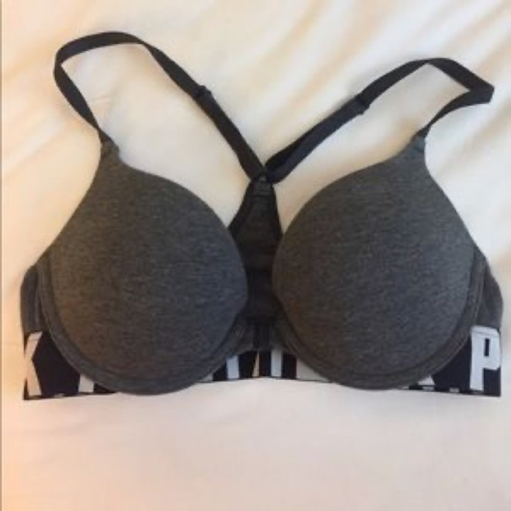 Victoria’s Secret PINK Grey Racerback Push Up Bra with Logo Elastic Band 32B